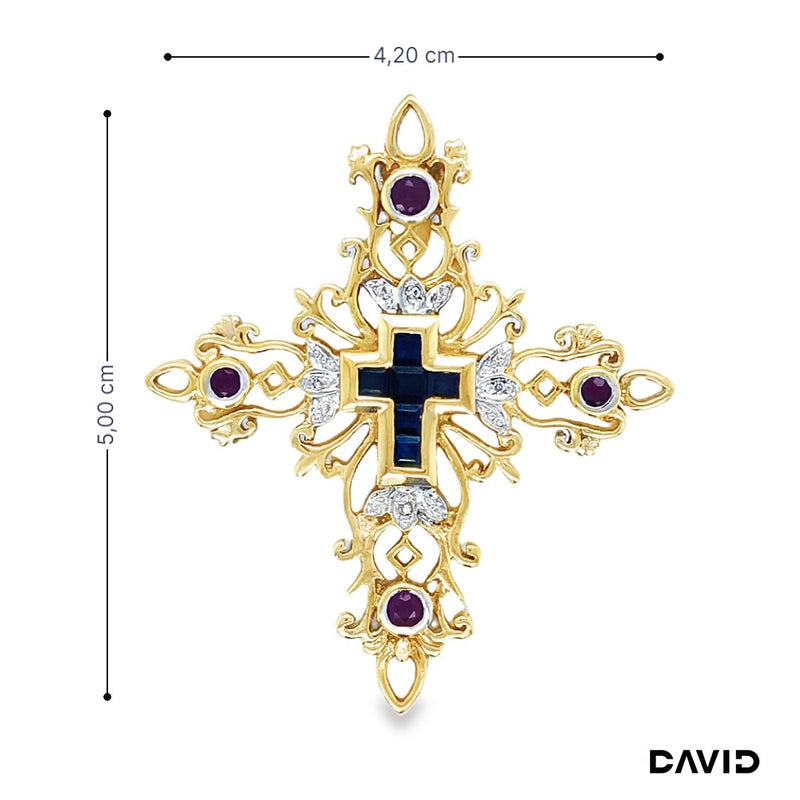 Anhänger Kreuz Saphir/Rubin/Diamanten Gold 14k