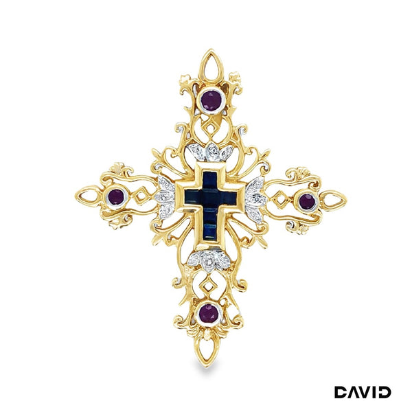 Anhänger Kreuz Saphir/Rubin/Diamanten Gold 14k